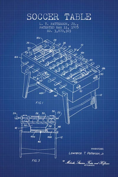 Toy & Game Blueprints: L.T. Patterson, Jr. Soccer Table Patent Sketch (Blue Grid) by Aged Pixel