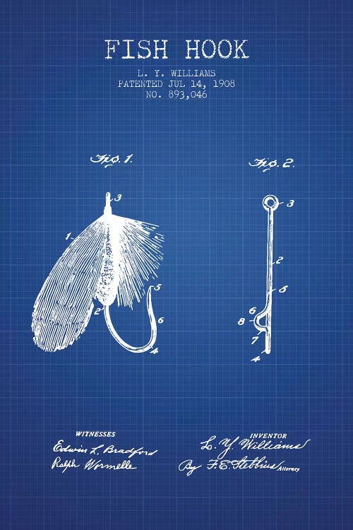 L.Y. Williams Fish Hook Patent Sketch (Blue Grid)