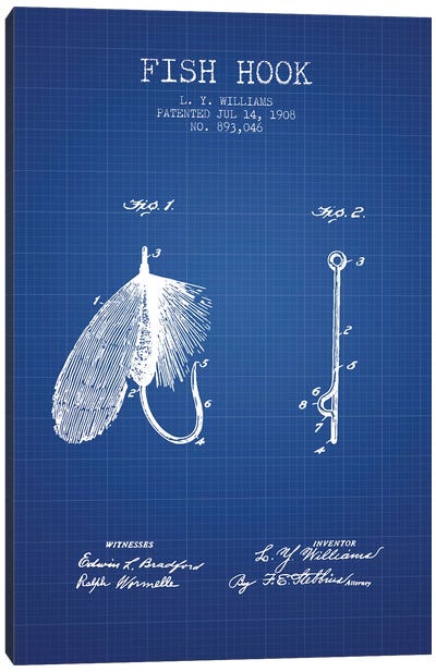 L.Y. Williams Fish Hook Patent Sketch (Blue Grid) Canvas Art Print