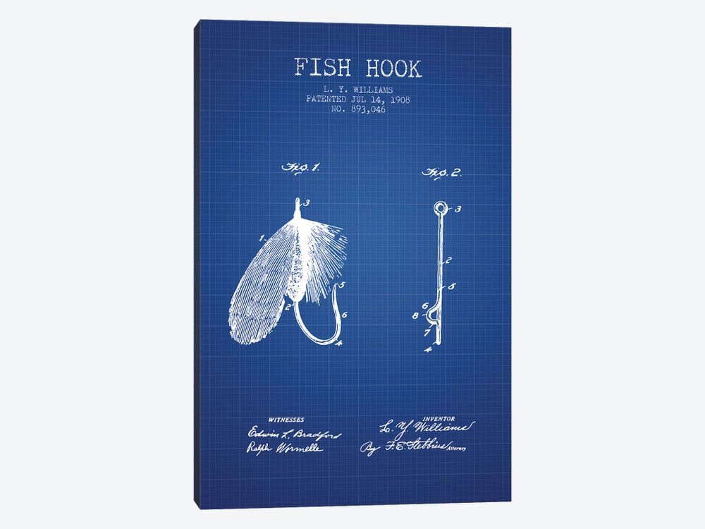 L.Y. Williams Fish Hook Patent Sketch (Blue Grid) by Aged Pixel 1-piece Canvas Art