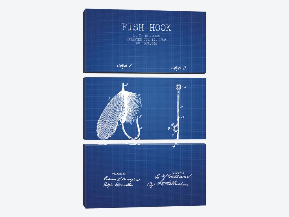 L.Y. Williams Fish Hook Patent Sketch (Blue Grid) by Aged Pixel 3-piece Canvas Wall Art