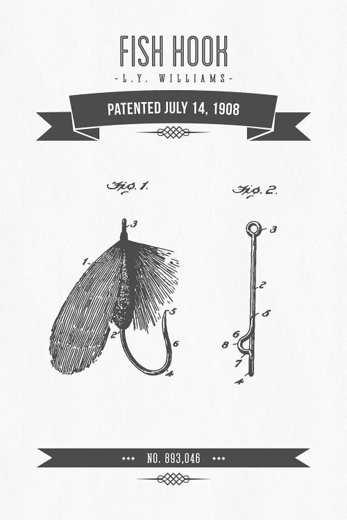 L.Y. Williams Fish Hook Patent Sketch Retro (Charcoal) by Aged Pixel wall art