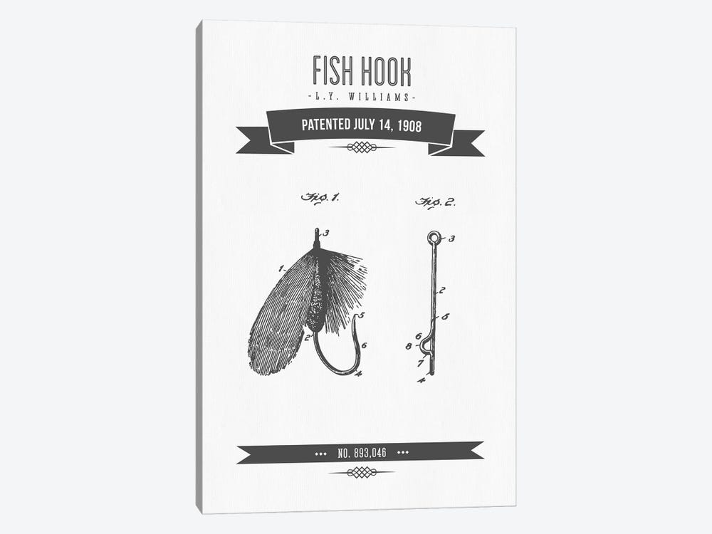 L.Y. Williams Fish Hook Patent Sketch Retro (Charcoal) by Aged Pixel 1-piece Canvas Art Print