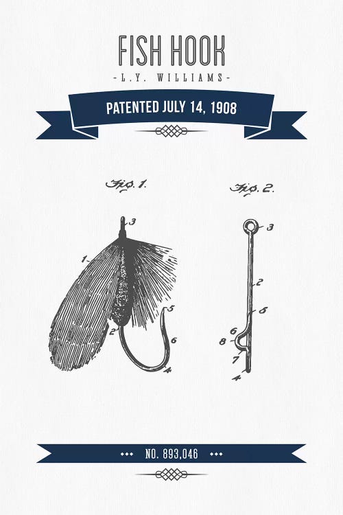 L.Y. Williams Fish Hook Patent Sketch Retro (Navy Blue) by Aged Pixel wall art