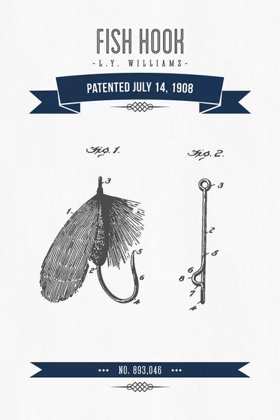 Sports Blueprints: L.Y. Williams Fish Hook Patent Sketch Retro (Navy Blue) by Aged Pixel