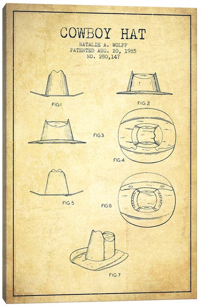 Cowboy Hat Vintage Patent Blueprint Canvas Art Print - Western Décor