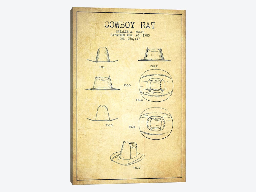 Cowboy Hat Vintage Patent Blueprint by Aged Pixel 1-piece Canvas Art Print