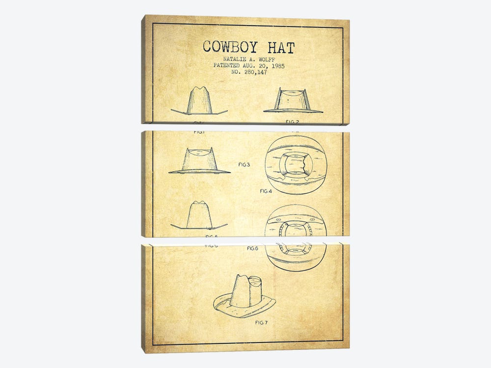 Cowboy Hat Vintage Patent Blueprint by Aged Pixel 3-piece Art Print