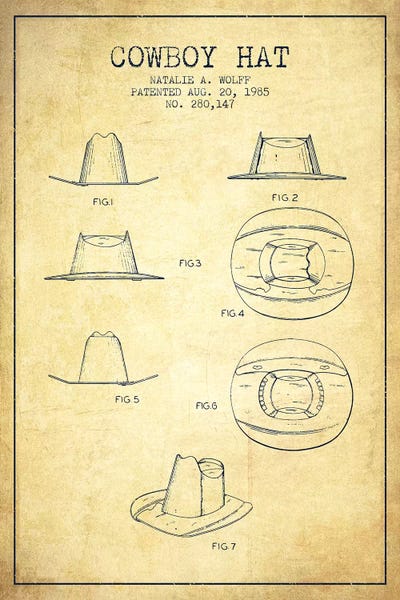 Beauty & Personal Care Blueprints: Cowboy Hat Vintage Patent Blueprint by Aged Pixel