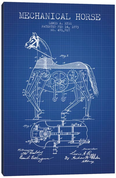 Lewis A. Rygg Mechanical Horse Patent Sketch (Blue Grid) Canvas Art Print