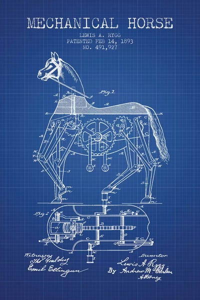 Lewis A. Rygg Mechanical Horse Patent Sketch (Blue Grid)