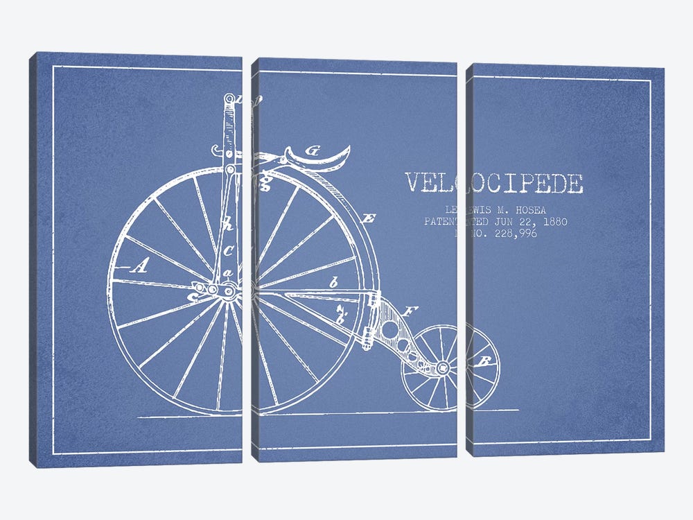 Lewis M. Hosea Velocipede Patent Sketch (Light Blue) by Aged Pixel 3-piece Canvas Wall Art