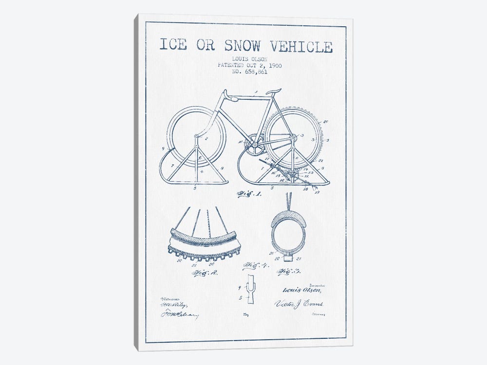 Louis Olson Ice Or Snow Vehicle Patent Sketch (Ink) by Aged Pixel 1-piece Canvas Print