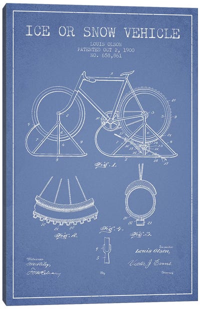Louis Olson Ice Or Snow Vehicle Patent Sketch (Light Blue) Canvas Art Print - Bicycle Art