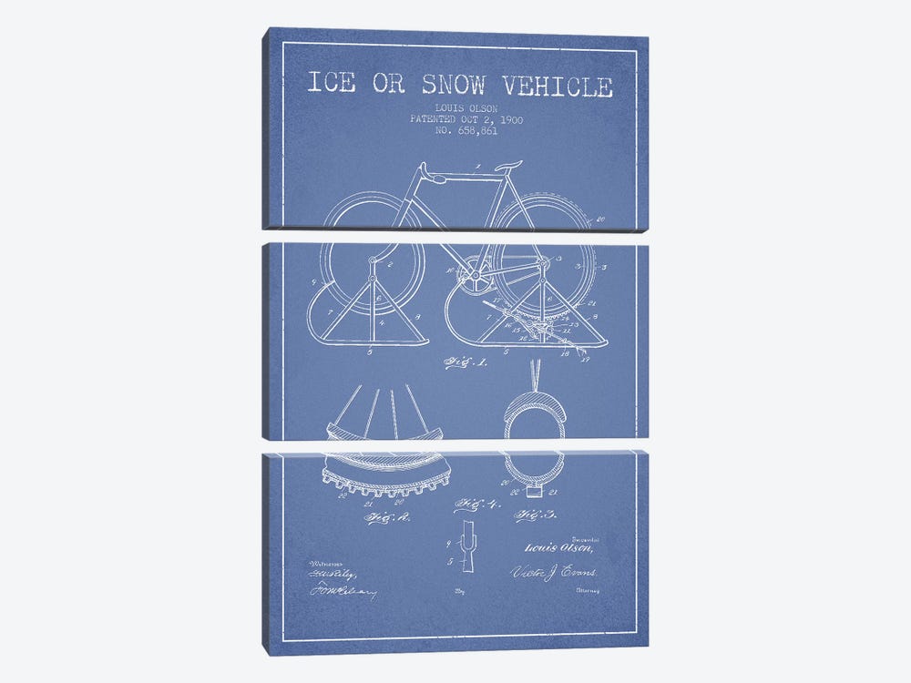 Louis Olson Ice Or Snow Vehicle Patent Sketch (Light Blue) by Aged Pixel 3-piece Canvas Artwork