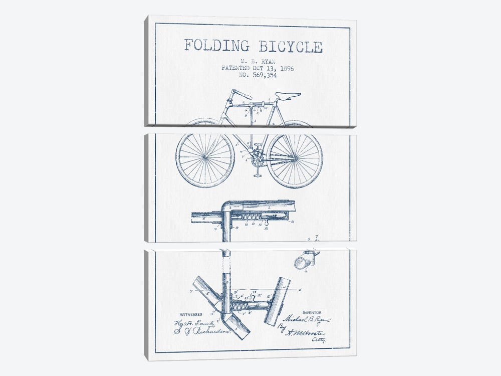 M.B. Ryan Folding Bicycle Patent Sketch (Ink) by Aged Pixel 3-piece Canvas Artwork