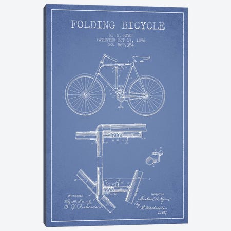 M.B. Ryan Folding Bicycle Patent Sketch (Light Blue) Canvas Print #ADP3036} by Aged Pixel Canvas Art Print