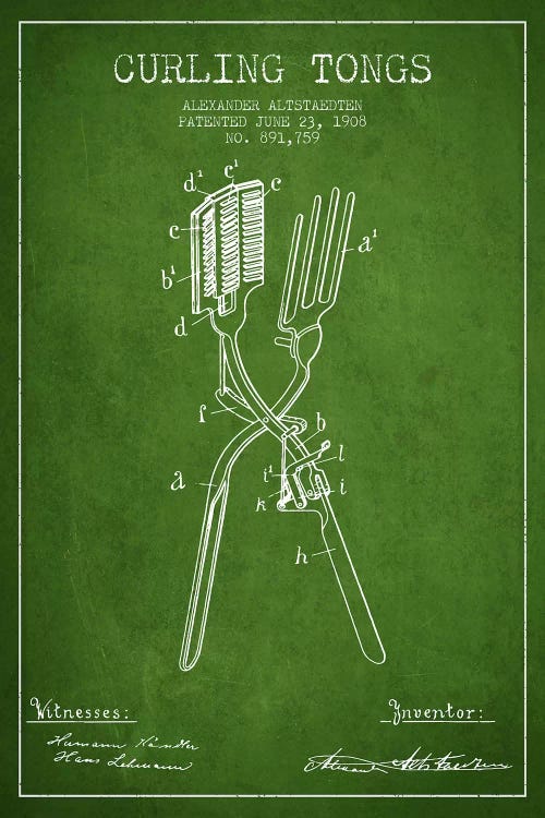 Curling Tongs Green Patent Blueprint by Aged Pixel wall art