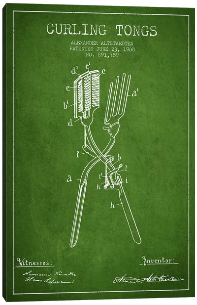 Curling Tongs Green Patent Blueprint Canvas Art Print - Aged Pixel: Beauty & Personal Care