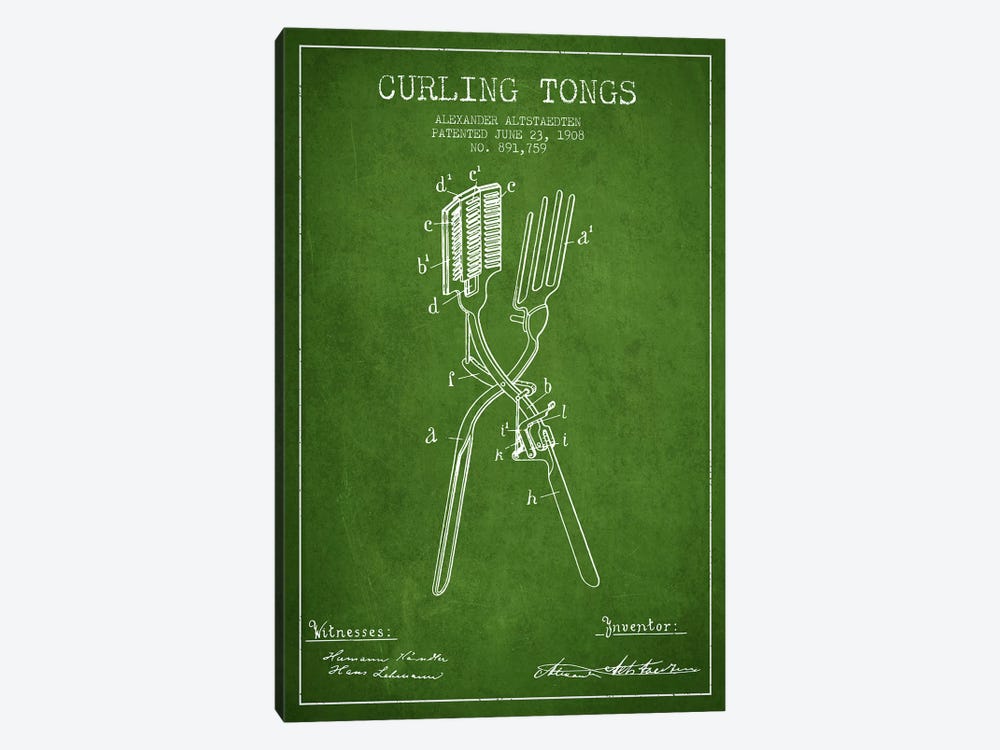 Curling Tongs Green Patent Blueprint by Aged Pixel 1-piece Art Print
