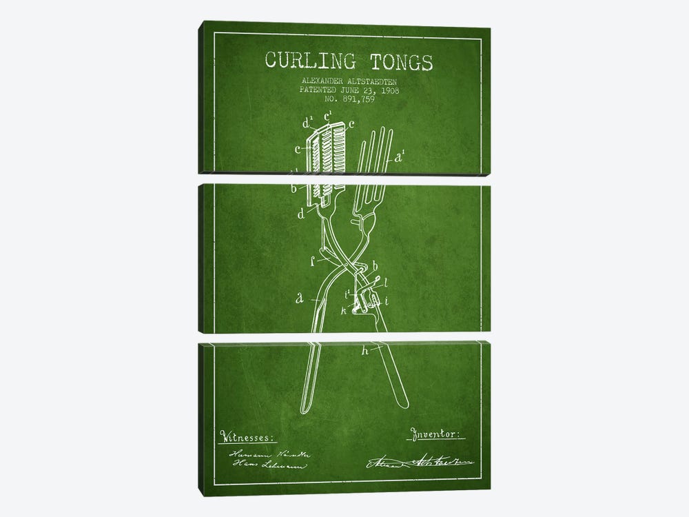 Curling Tongs Green Patent Blueprint by Aged Pixel 3-piece Art Print