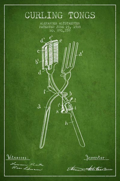 Beauty & Personal Care Blueprints: Curling Tongs Green Patent Blueprint by Aged Pixel