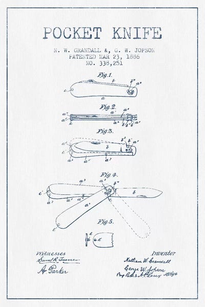 N.W. Grandall & G.W. Jopson Pocket Knife Patent Sketch (Ink) by Aged Pixel metal wall art
