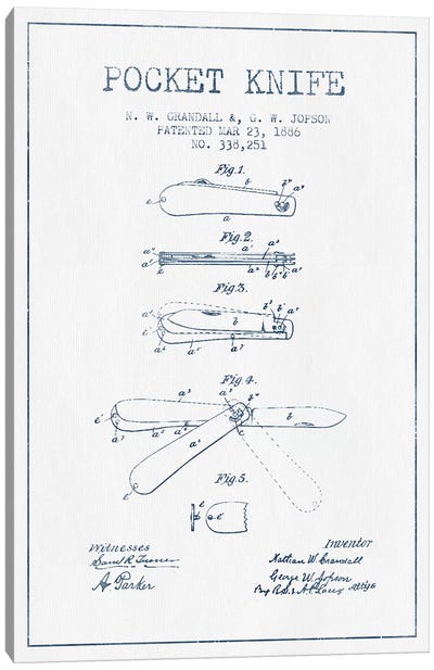 N.W. Grandall & G.W. Jopson Pocket Knife Patent Sketch (Ink) Canvas Art Print - Weapon Blueprints
