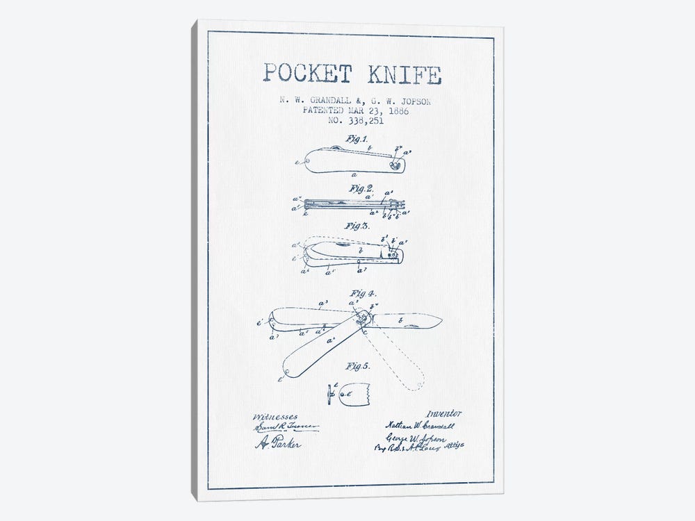 N.W. Grandall & G.W. Jopson Pocket Knife Patent Sketch (Ink) by Aged Pixel 1-piece Canvas Print
