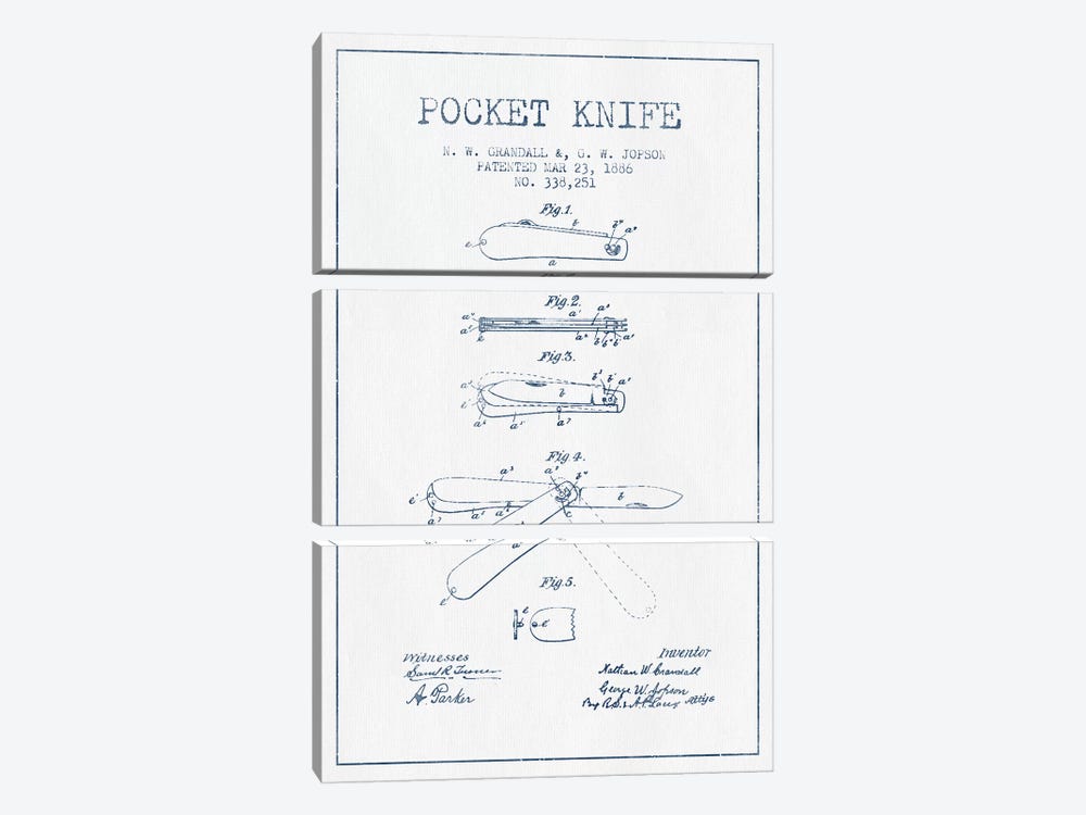N.W. Grandall & G.W. Jopson Pocket Knife Patent Sketch (Ink) by Aged Pixel 3-piece Canvas Print