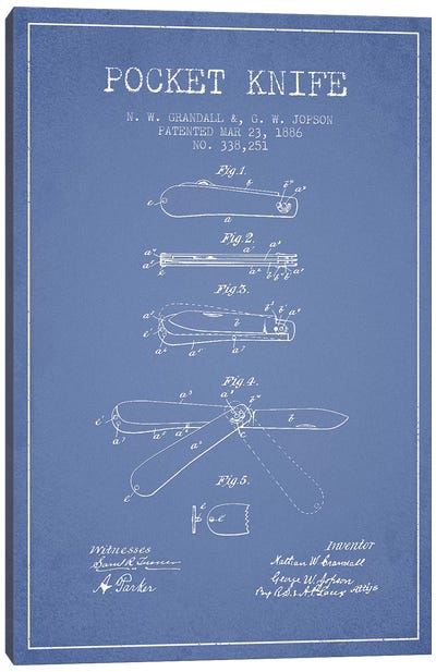 N.W. Grandall & G.W. Jopson Pocket Knife Patent Sketch (Light Blue) Canvas Art Print - Aged Pixel: Weapons