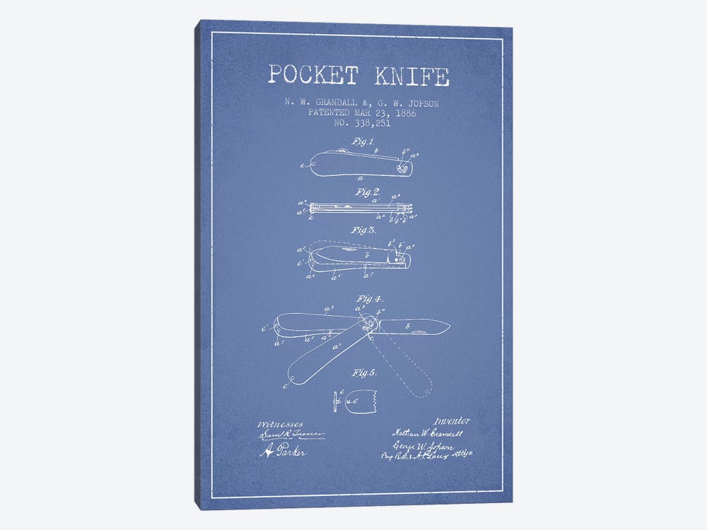 N.W. Grandall & G.W. Jopson Pocket Knife Patent Sketch (Light Blue) by Aged Pixel 1-piece Canvas Art