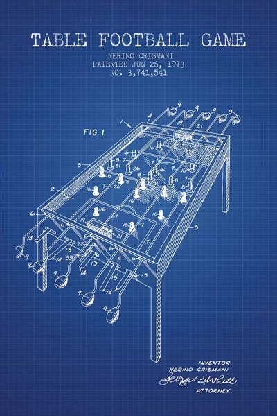 Nerino Crismani Table Football Game Patent Sketch (Blue Grid) by Aged Pixel framed canvas print