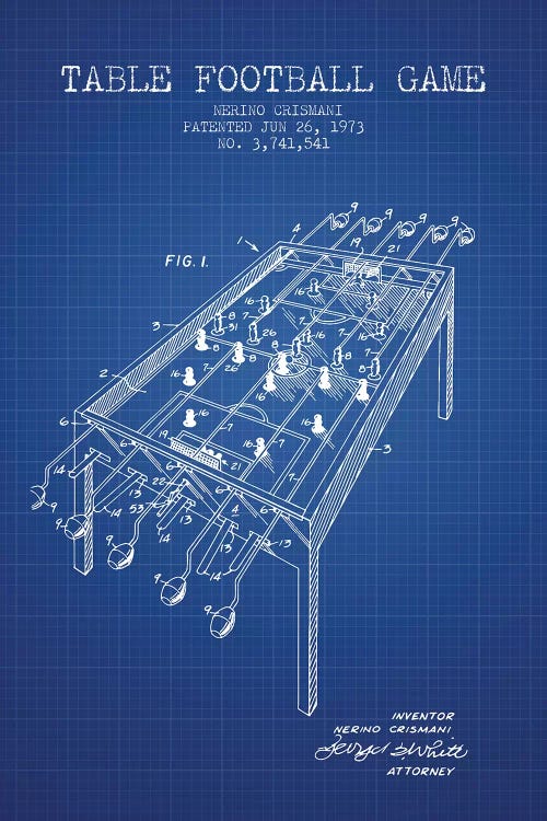 Nerino Crismani Table Football Game Patent Sketch (Blue Grid)