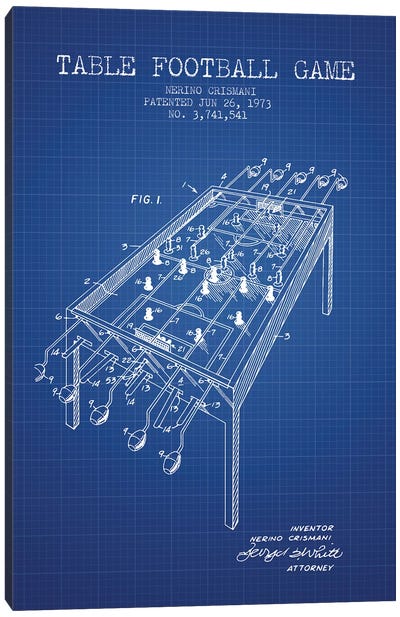 Nerino Crismani Table Football Game Patent Sketch (Blue Grid) Canvas Art Print