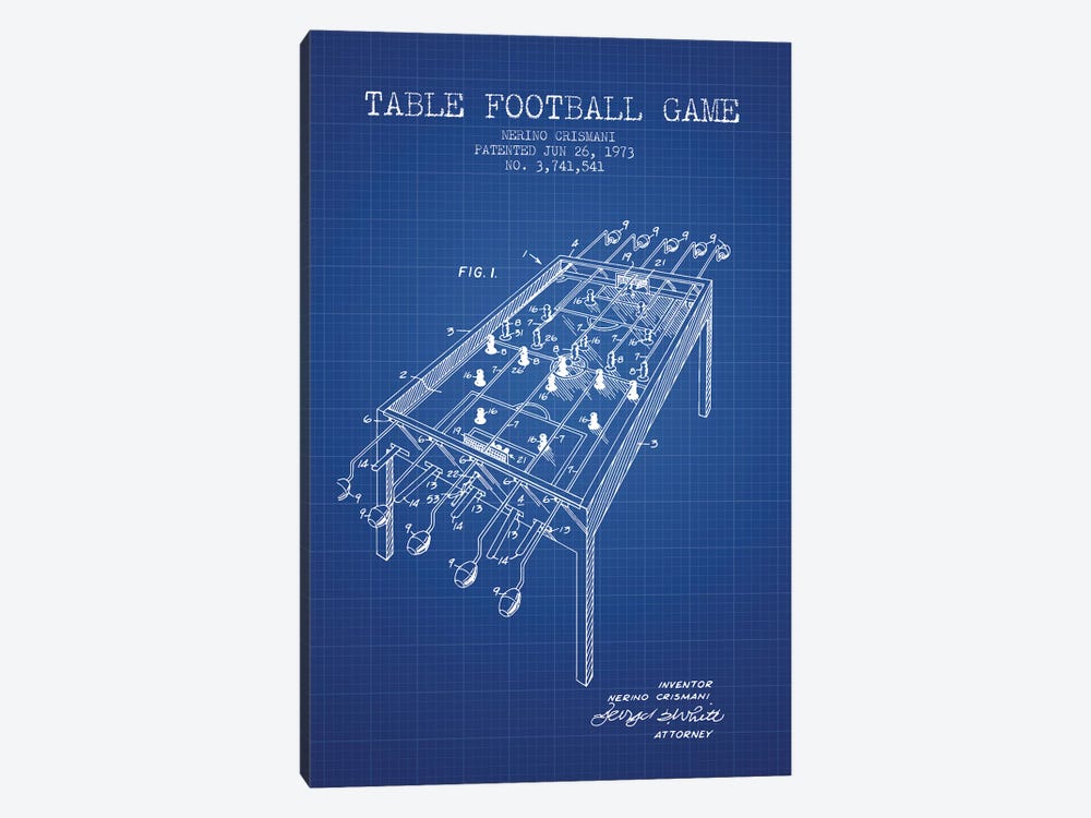 Nerino Crismani Table Football Game Patent Sketch (Blue Grid) by Aged Pixel 1-piece Canvas Wall Art
