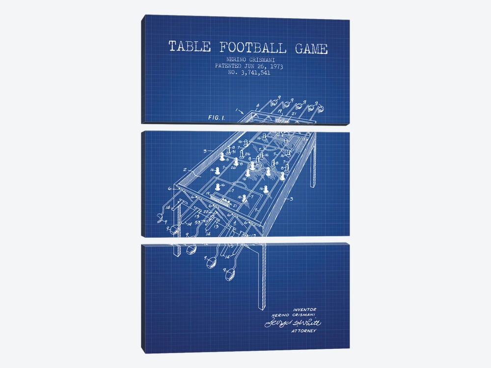 Nerino Crismani Table Football Game Patent Sketch (Blue Grid) by Aged Pixel 3-piece Canvas Wall Art