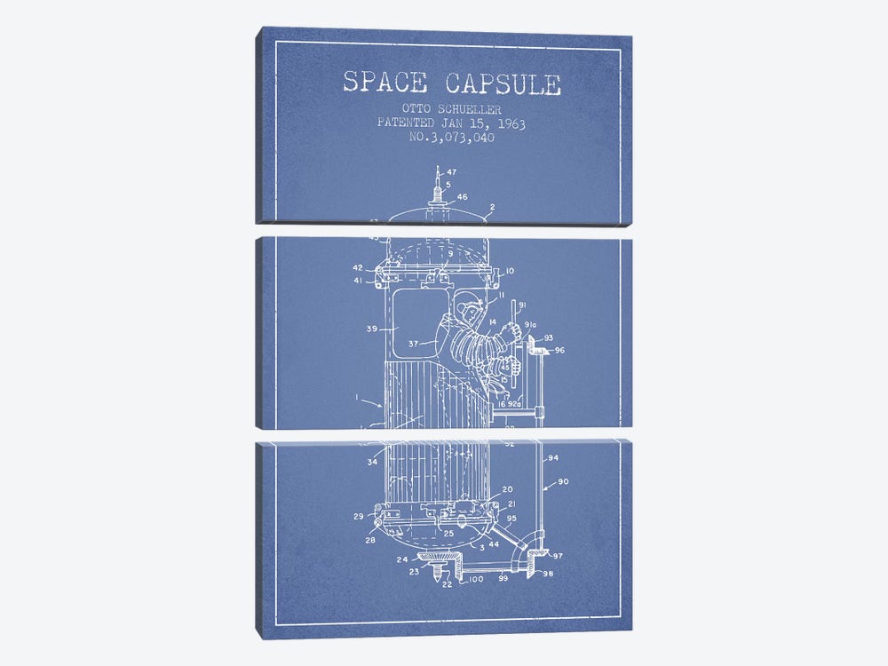 Otto Schueller Space Capsule Patent Sketch (Light Blue) by Aged Pixel 3-piece Canvas Wall Art