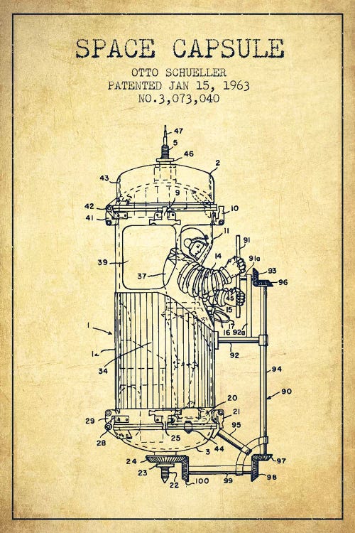 Otto Schueller Space Capsule Patent Sketch (Vintage) by Aged Pixel wall art