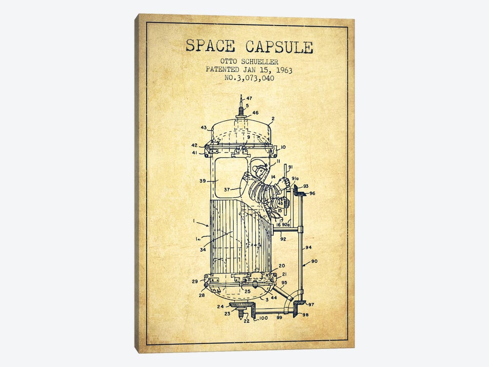 Otto Schueller Space Capsule Patent Sketch (Vintage) by Aged Pixel 1-piece Canvas Print