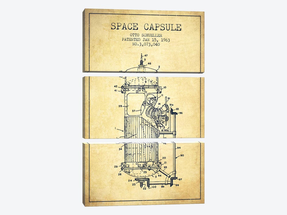 Otto Schueller Space Capsule Patent Sketch (Vintage) by Aged Pixel 3-piece Art Print
