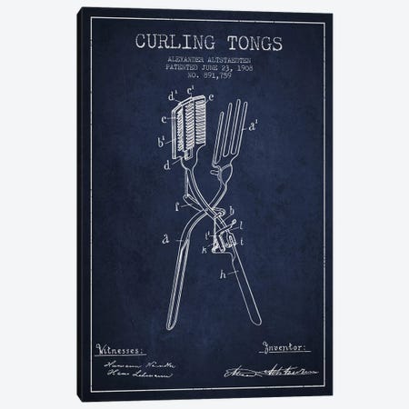 Curling Tongs 2 Navy Blue Patent Blueprint Canvas Print #ADP305} by Aged Pixel Canvas Art Print
