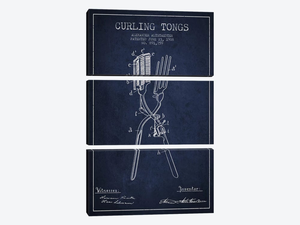 Curling Tongs 2 Navy Blue Patent Blueprint by Aged Pixel 3-piece Canvas Art