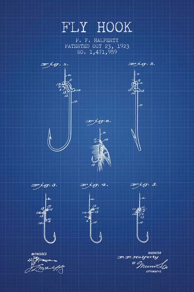P.F. Halferty Fly Hook Patent Sketch (Blue Grid) by Aged Pixel canvas print