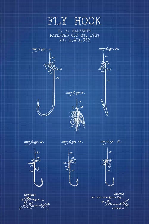 P.F. Halferty Fly Hook Patent Sketch (Blue Grid)