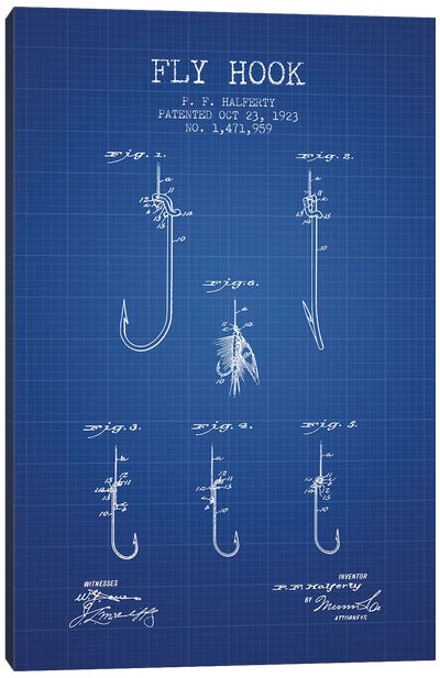 P.F. Halferty Fly Hook Patent Sketch (Blue Grid) Canvas Art Print