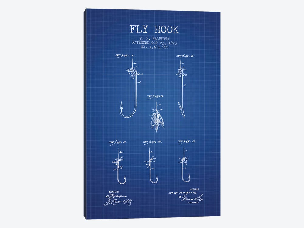 P.F. Halferty Fly Hook Patent Sketch (Blue Grid) by Aged Pixel 1-piece Canvas Wall Art
