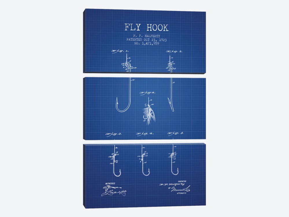 P.F. Halferty Fly Hook Patent Sketch (Blue Grid) by Aged Pixel 3-piece Canvas Art