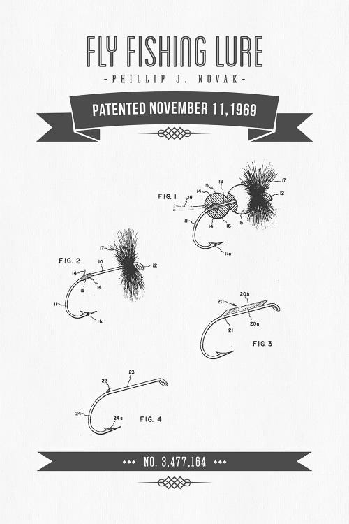 P.J. Novak Fly Fishing Lure Patent Sketch Retro (Charcoal)