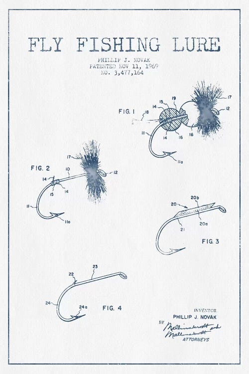 P.J. Novak Fly Fishing Lure Patent Sketch (Ink) by Aged Pixel wall art